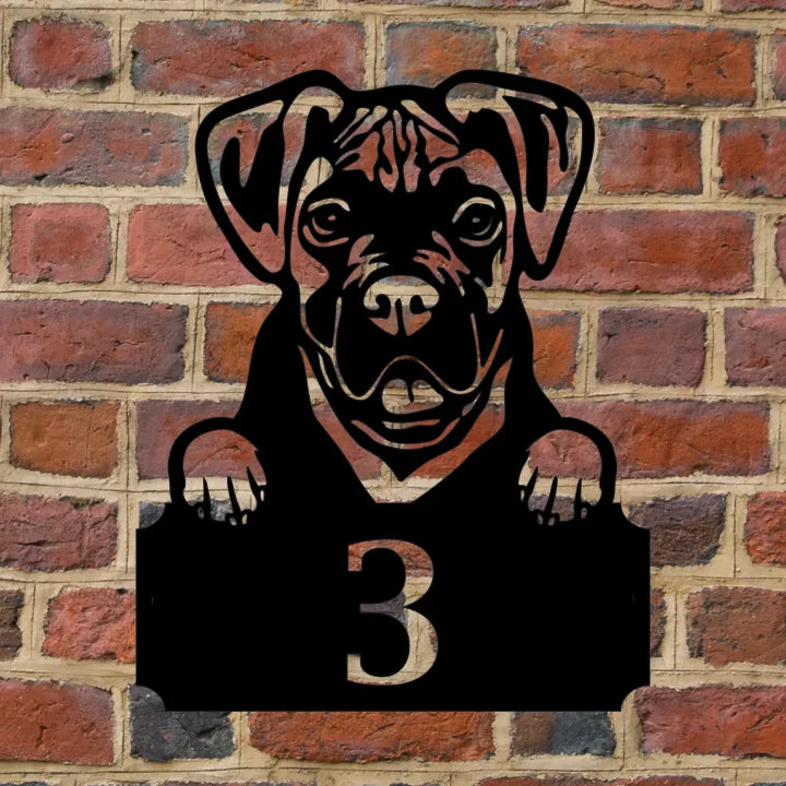 Metal House Number Peeping Dog - Boxer image