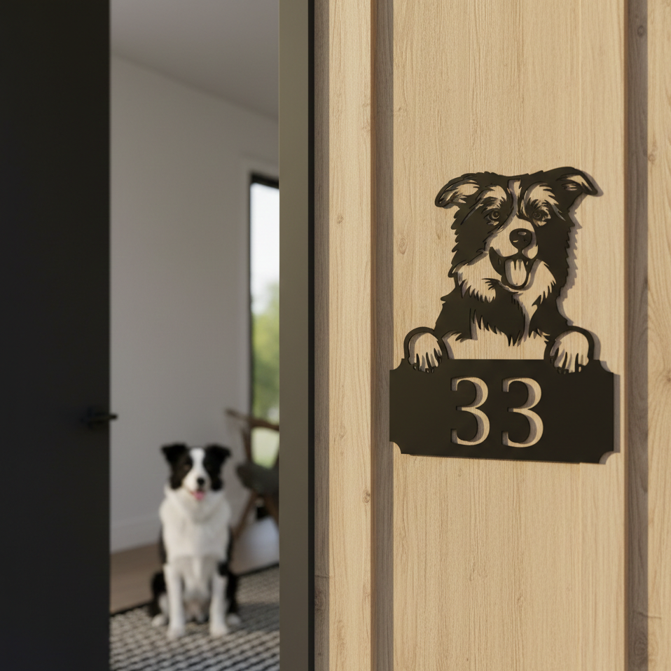 Metal House Number Peeping Dog