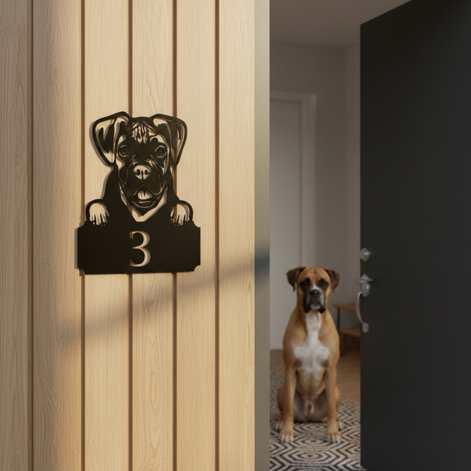 Metal House Number Peeping Dog