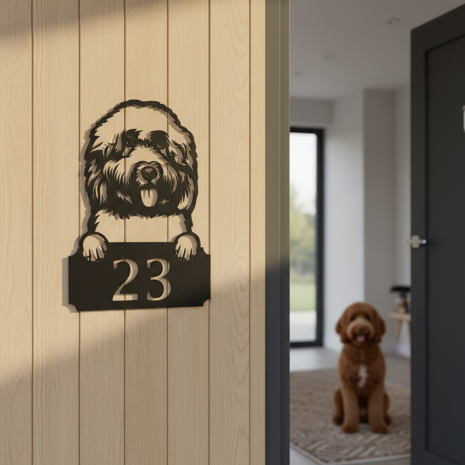 Metal House Number Peeping Dog