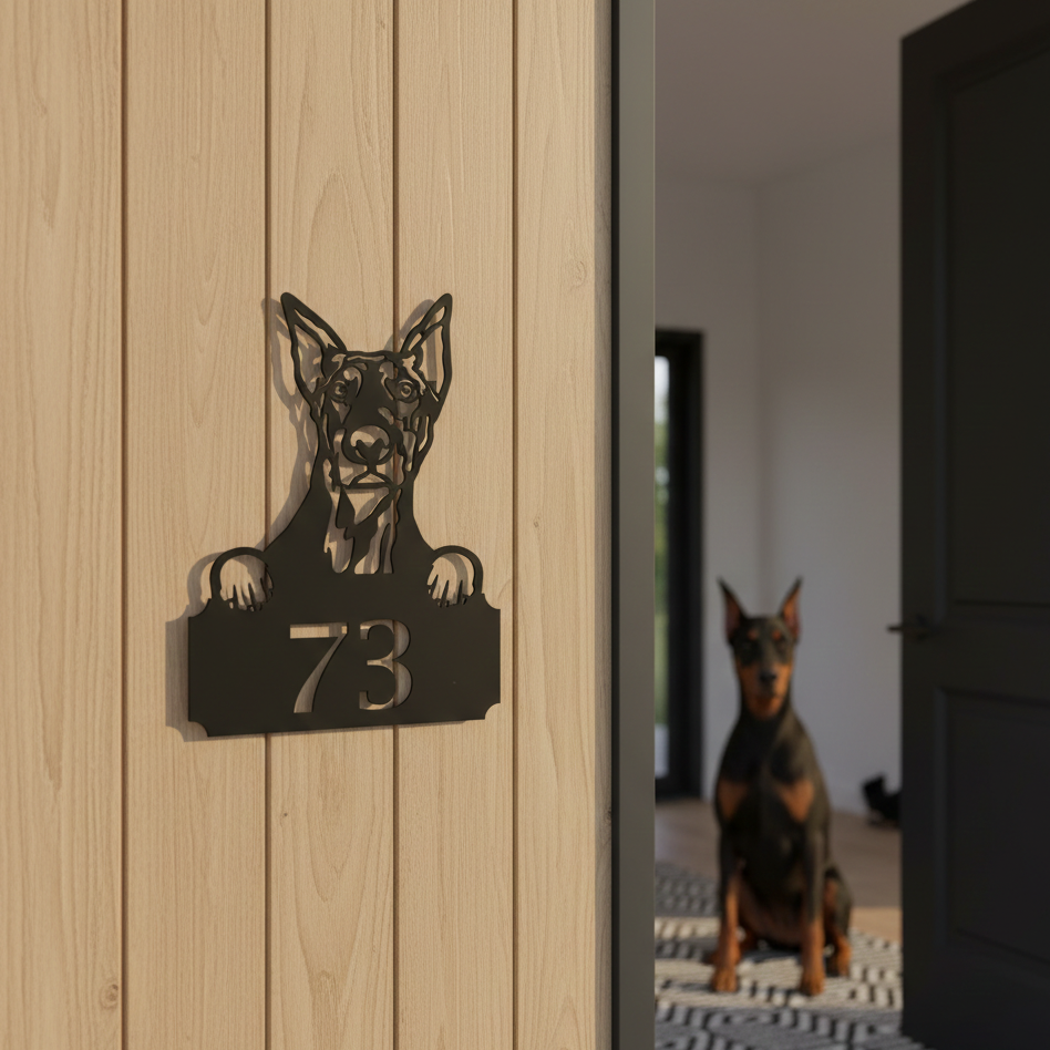 Metal House Number Peeping Dog