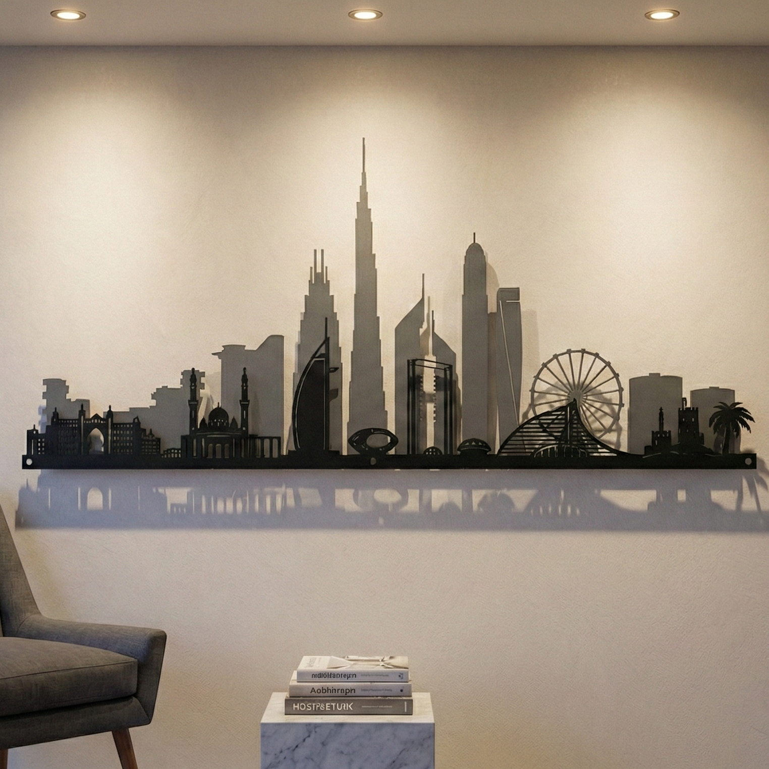 City skyline wall art on a beige wall with a chair and books in the foreground.