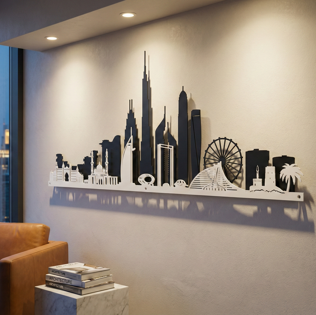 City skyline wall art on a wall in a room with a couch and books.