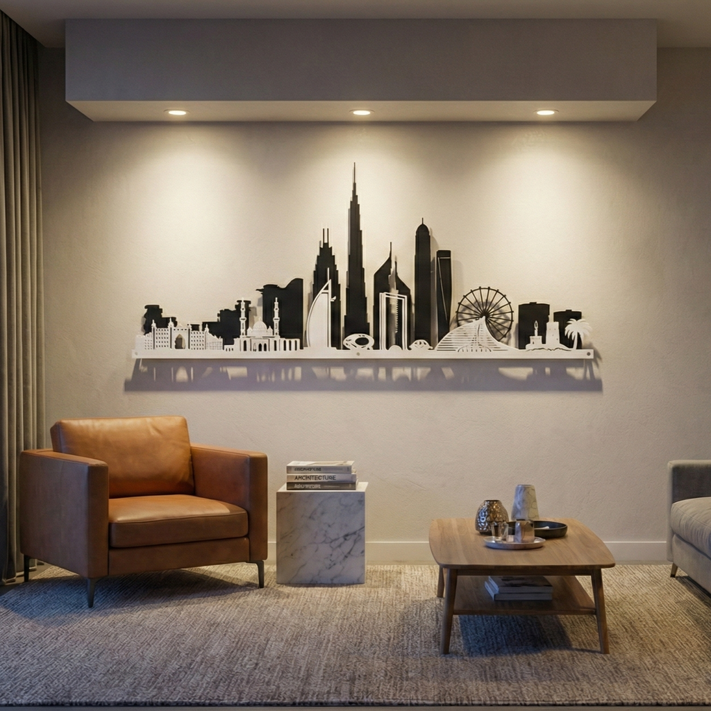 Modern living room with a cityscape wall art and brown armchair.