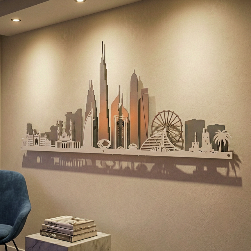 City skyline wall art on a beige wall with a blue chair and books in the foreground.