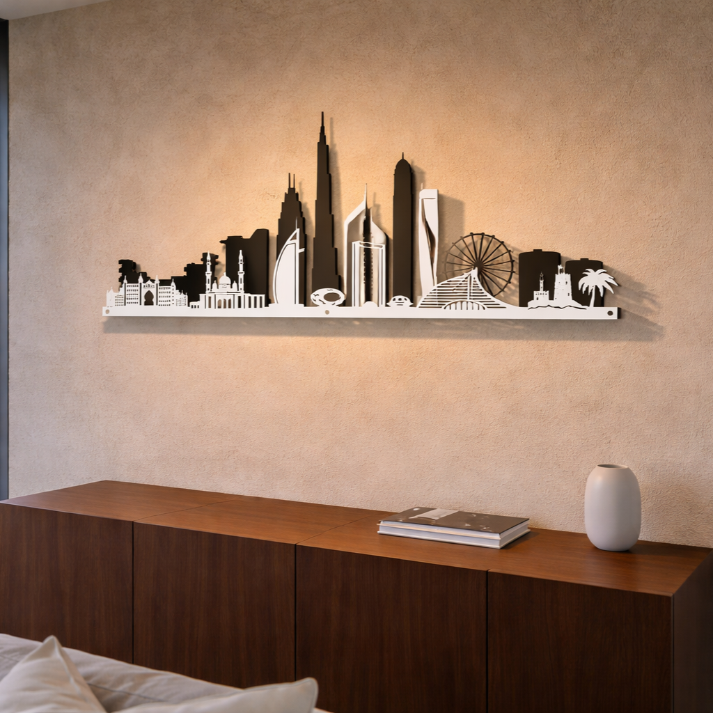 City skyline wall art on a beige wall above a wooden console table.