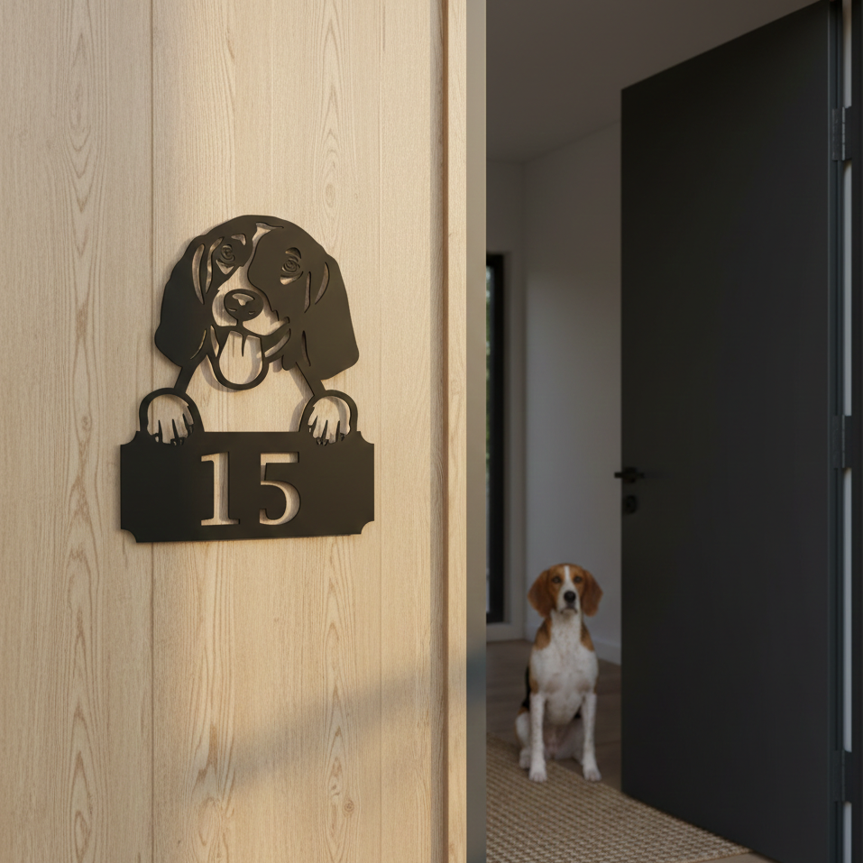 Metal House Number Peeping Dog