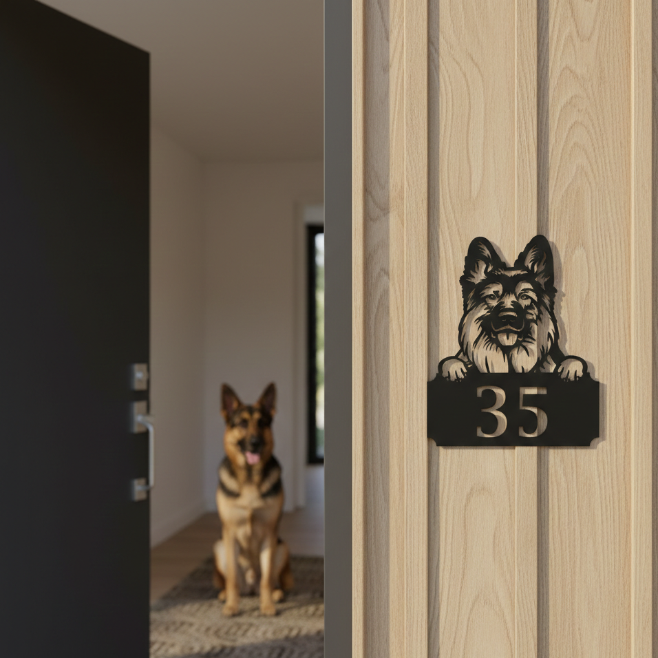 Metal House Number Peeping Dog