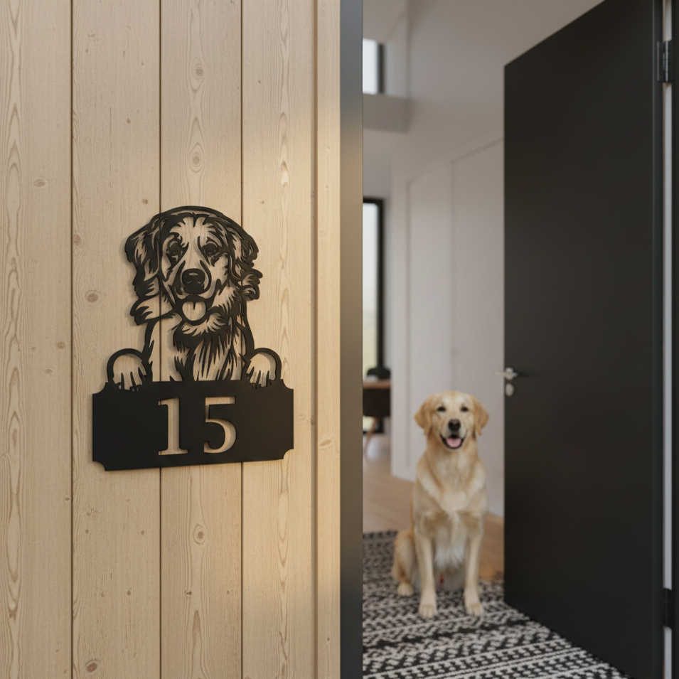 Metal House Number Peeping Dog