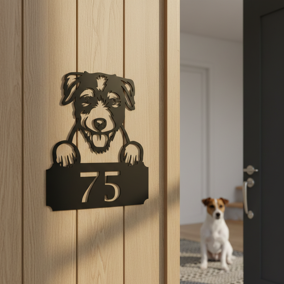 Metal House Number Peeping Dog
