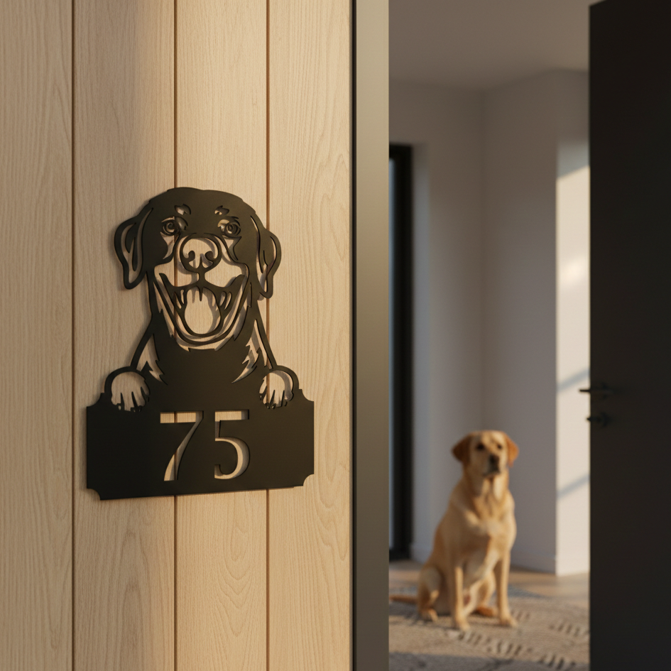 Metal House Number Peeping Dog