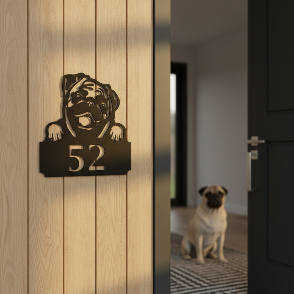 Metal House Number Peeping Dog
