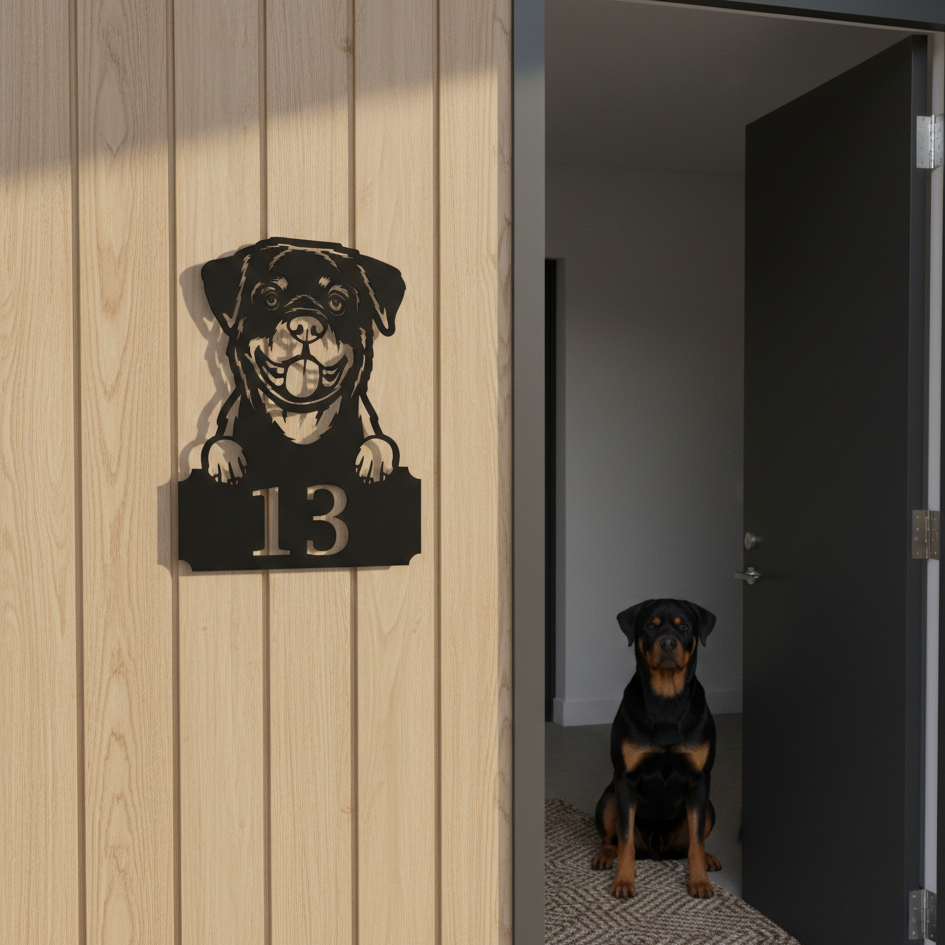 Metal House Number Peeping Dog