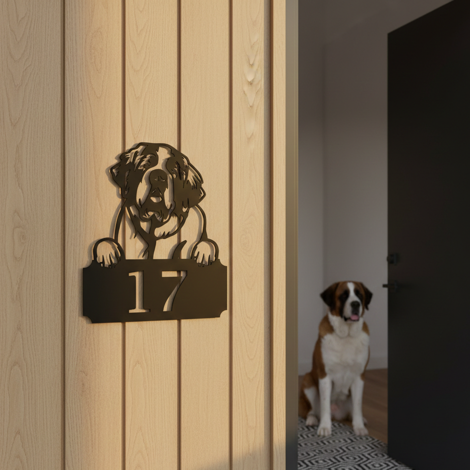 Metal House Number Peeping Dog