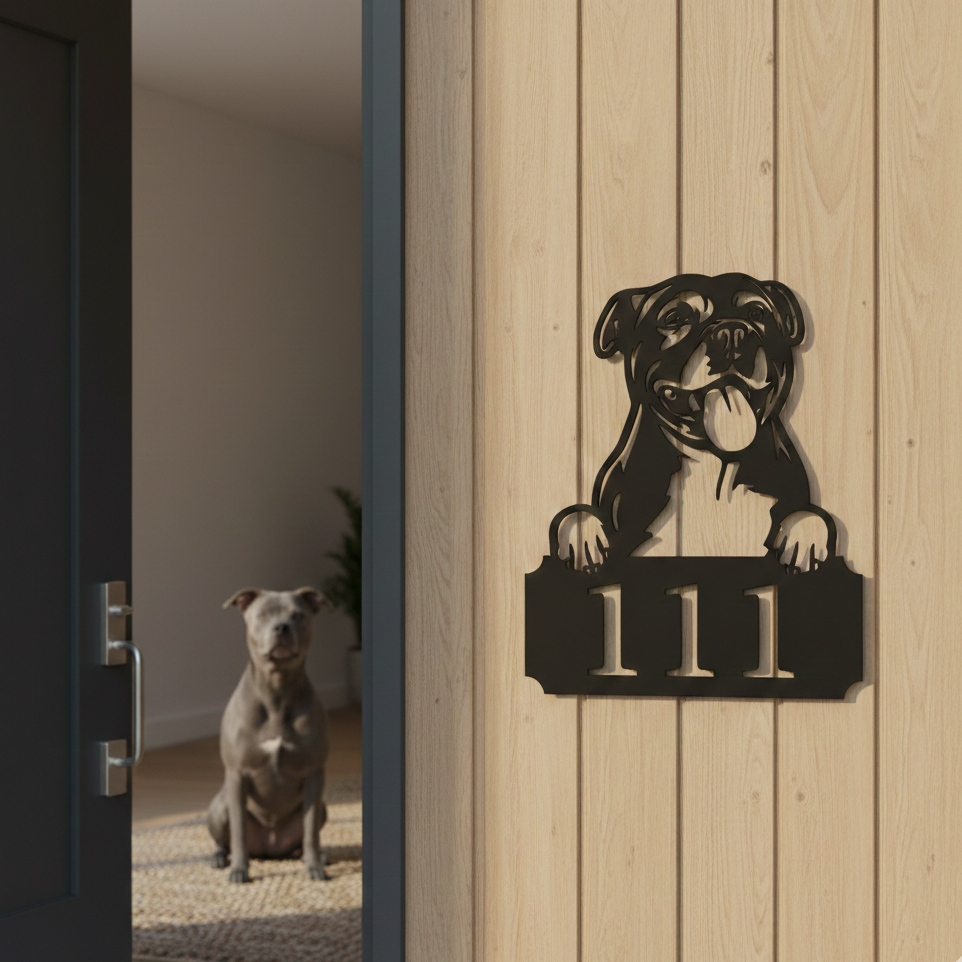 Metal House Number Peeping Dog