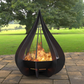 Modern outdoor fire pit with flames on a patio