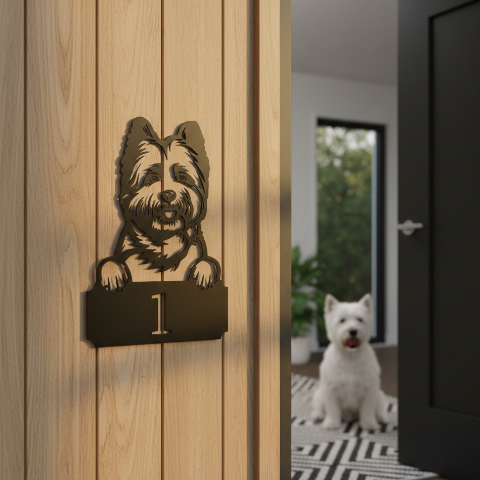 Metal House Number Peeping Dog