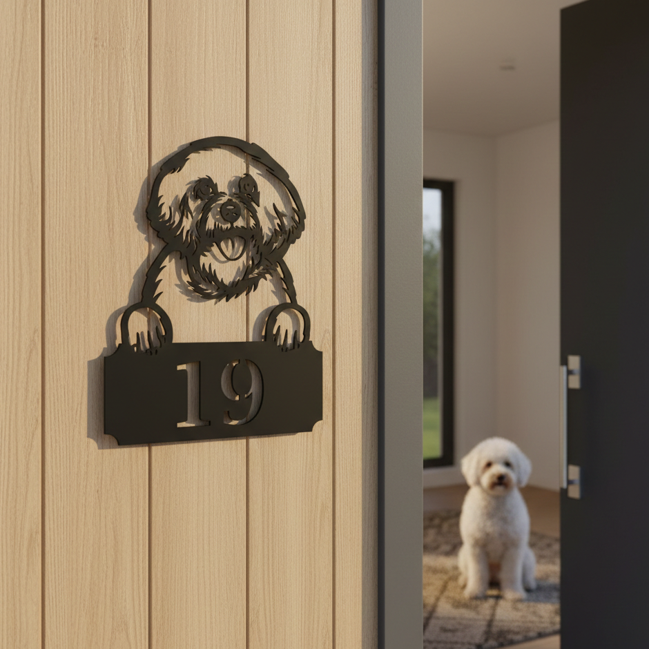 Metal House Number Peeping Dog