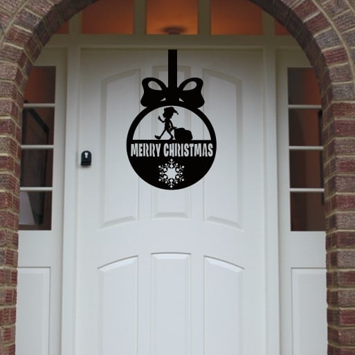 Christmas Wreath Elf Bauble Front Door Hanger - Black image