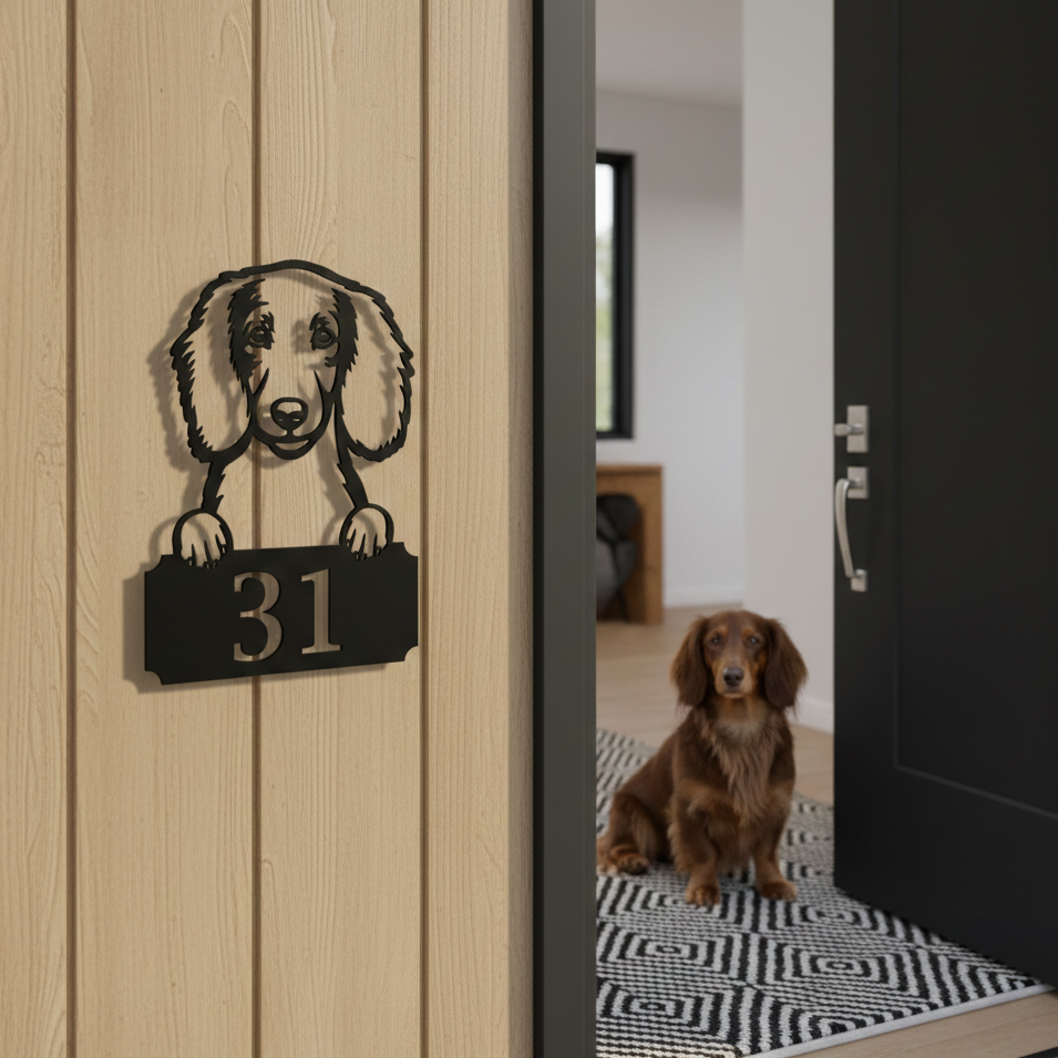 Metal House Number Peeping Dog