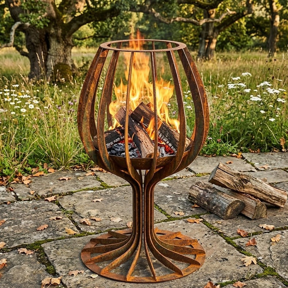 Rust-colored metal fire pit with flames in a garden setting